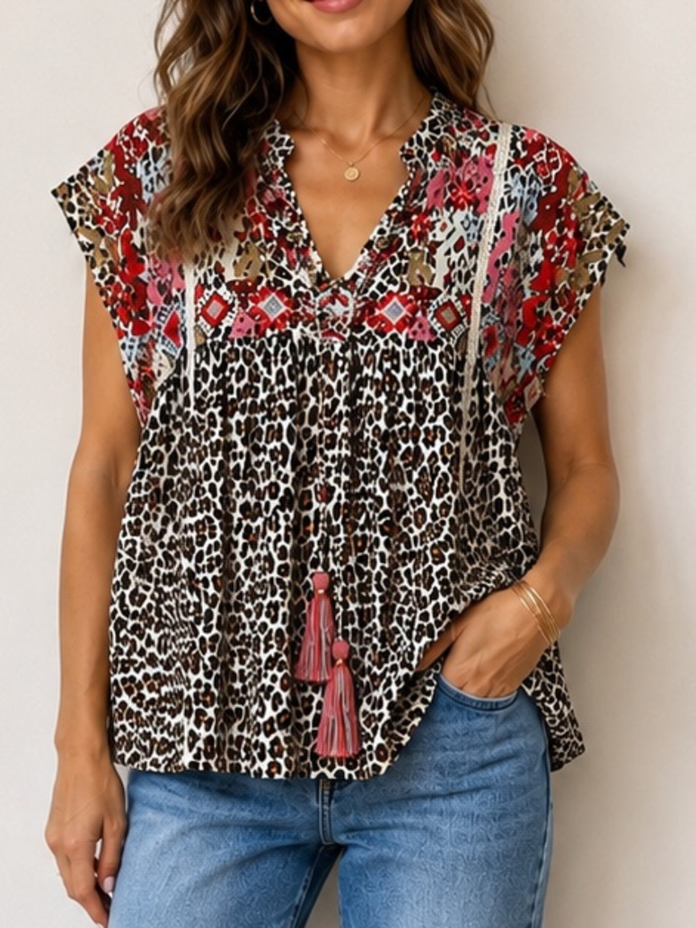 THML Red and Black Mixed-Print Flutter Sleeve Blouse